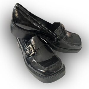 Rampage Patent Leather Women’s Chunky Slip On Loafer Silver Buckle Blk Sz8 NWOB